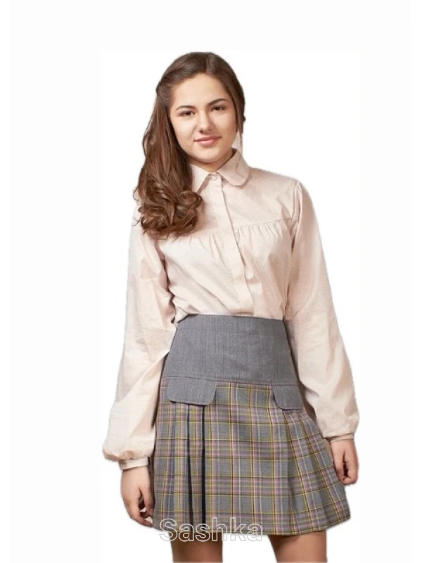 Спідниця для дівчинки підлітка Sashka на кокетці з клапанами сіро-рожева клітинка, розмір 152-176